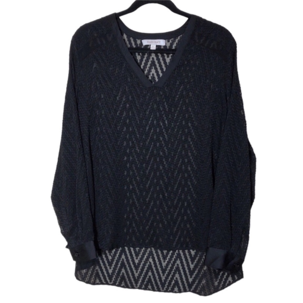 Ellen Tracy Sheer Chevron Black V-Neck Long Sleeve Top Blouse Size L